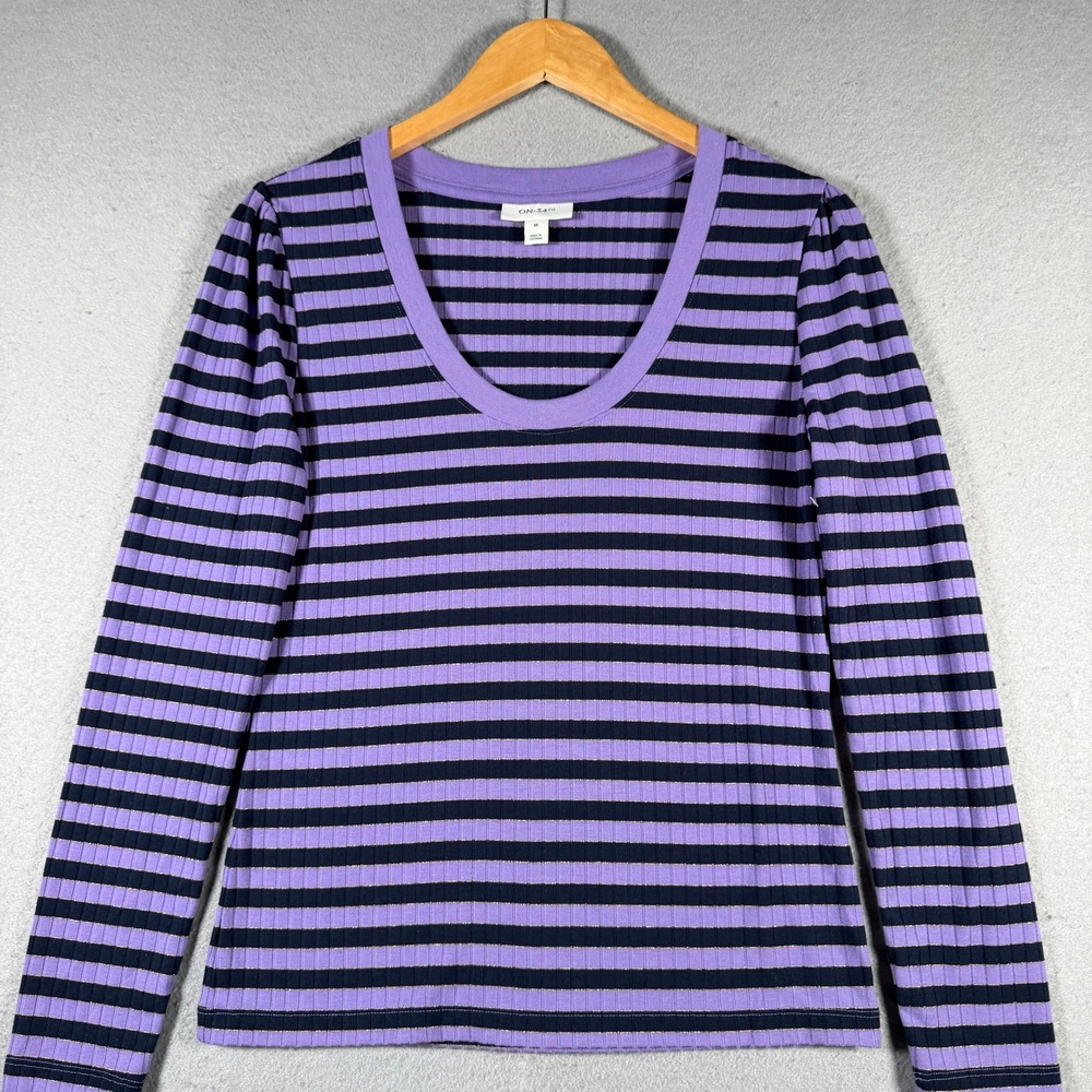On 34th Womens Purple Black Striped Metallic Ribbed Scoop Neck Top Size M